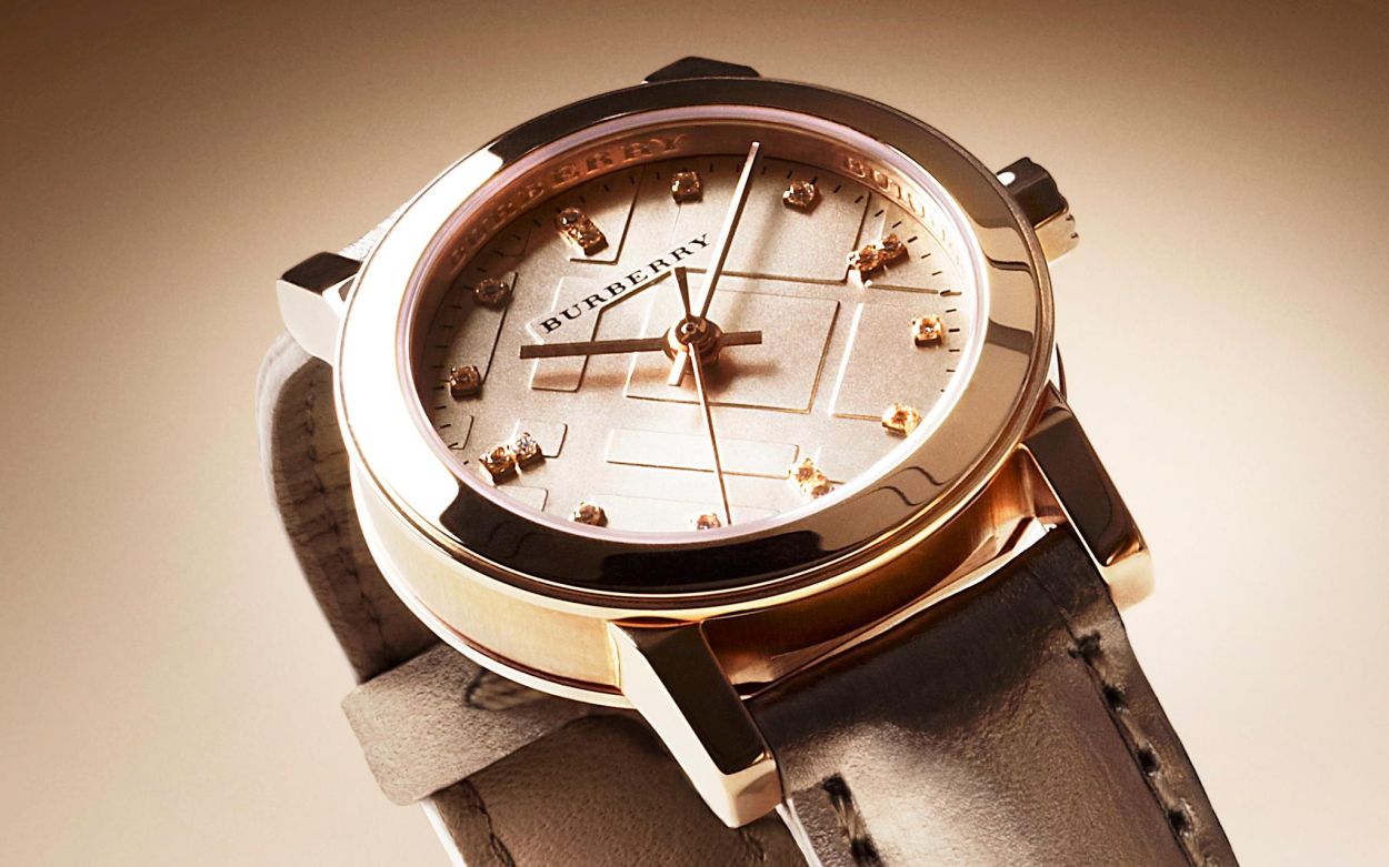 Burberry Beige 38mm Stainless Steel Watch with Smoked Check Leather Strap